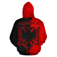 Rückenansicht Reißverschluss-Hoodie, roter Kapuzenbereich, ALBANIA-Print und Adlerwappen