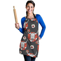 Apron dark gray with red roses, white flowers, and bull head pattern, front bib