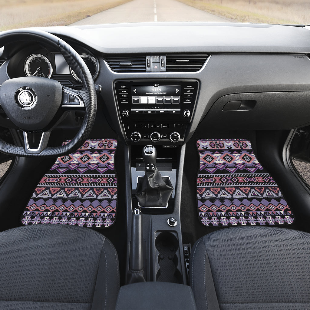 Multicolor Native American patterned front floor mats set in car footwell