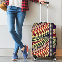 10 luggage cover on rolling suitcase, red green tribal stripe pattern with zip seams