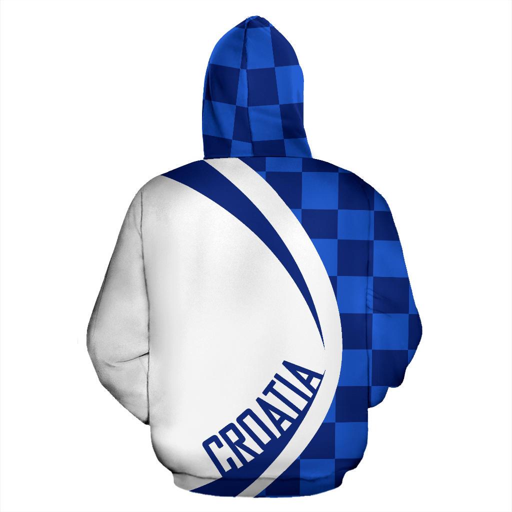 Back of zip-up hoodie with blue check panels and CROATIA print