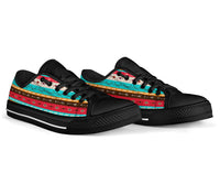 Low-top canvas sneakers with multicolor patterned stripe and black toe cap, lace-up
