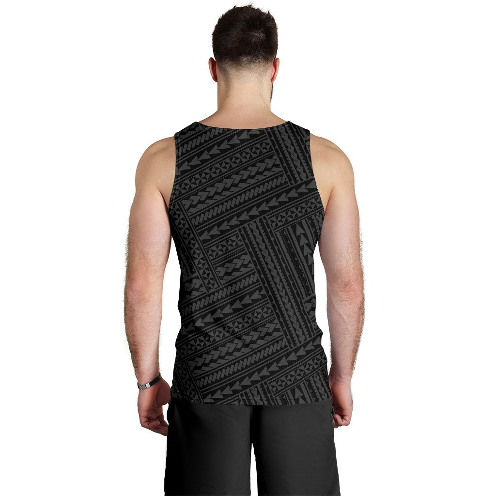 Men's dark tribal geometric tank top, back view with sleeveless cut and crew neck