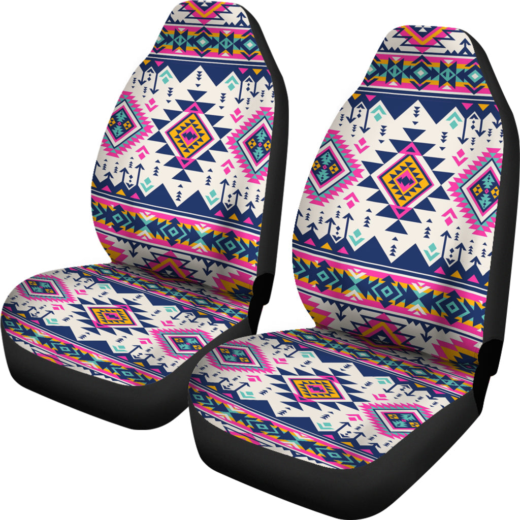 Pair of front seat covers, white with navy and pink geometric Native American design
