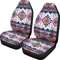 Pair of front seat covers, white with navy and pink geometric Native American design