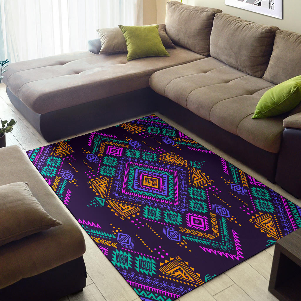 Purple tribal area rug with geometric square motifs and colorful accents