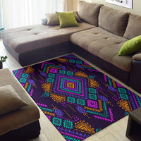 Purple tribal area rug with geometric square motifs and colorful accents