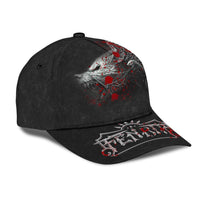 Black cap side view: red Fenrir graphic and crest band on brim