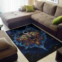 Cosmic wolf face rug design with neon blue waves, gold highlights, and dark background