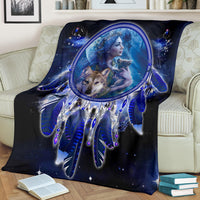 Blue and black dreamcatcher blanket with girl-and-wolf artwork and hanging feather charms