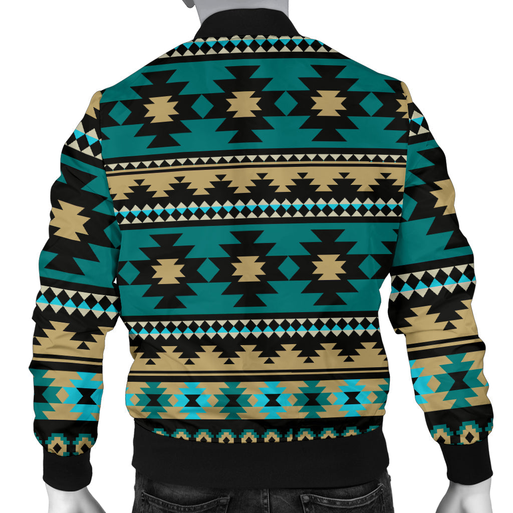 Back view of men's bomber jacket in teal and black with Aztec geometric stripe print, zip