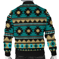 Back view of men's bomber jacket in teal and black with Aztec geometric stripe print, zip