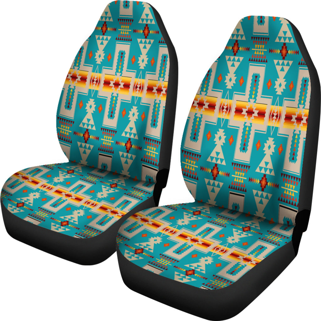 Pair of turquoise car seat covers with Native-style geometric pattern, seat and headrest