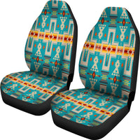 Pair of turquoise car seat covers with Native-style geometric pattern, seat and headrest