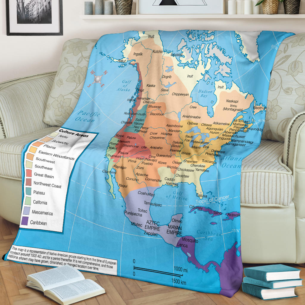 Native American cultures map blanket, close view of printed regions and compass scale