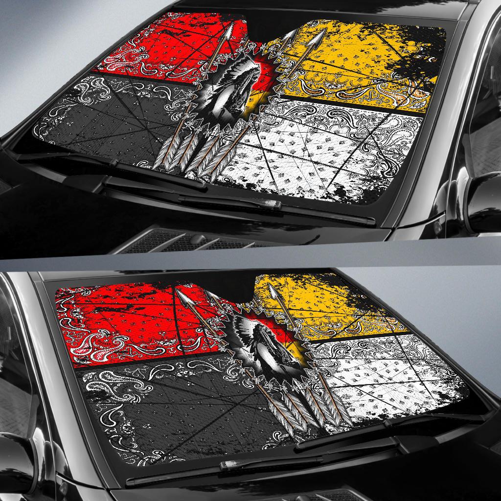 LT10 sun shade for windshield, red/yellow tribal pattern with central arrow & feathers