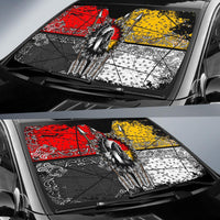 LT10 sun shade for windshield, red/yellow tribal pattern with central arrow & feathers