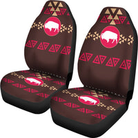 Wonder Print Shop LT10 seat covers, dark brown with red buffalo icons and geometric trim