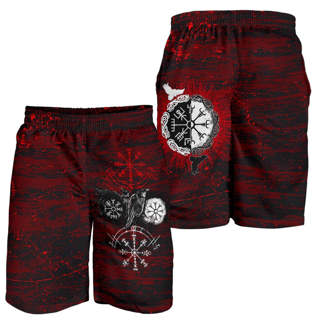 viking-all-over-print-mens-shorts-raven-of-odin-and-symbol-viking-on-blood-background