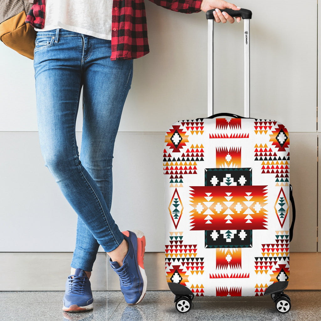 Multicolor native-style roller luggage cover on upright suitcase, held by handle