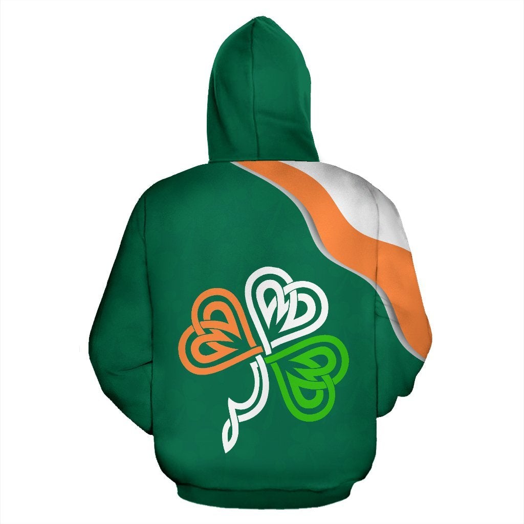 Back view green pullover hoodie with large shamrock graphic and orange/white striped sleeves