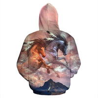 Pullover hoodie back view with all-over horses, mountain landscape, drawstring hood