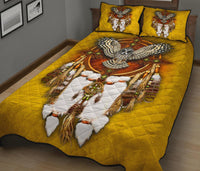 Yellow bed set quilt with snow owl dreamcatcher artwork; two decorative pillow shams
