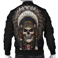 Black bomber jacket with large back Native American skull headdress graphic on wings backdrop