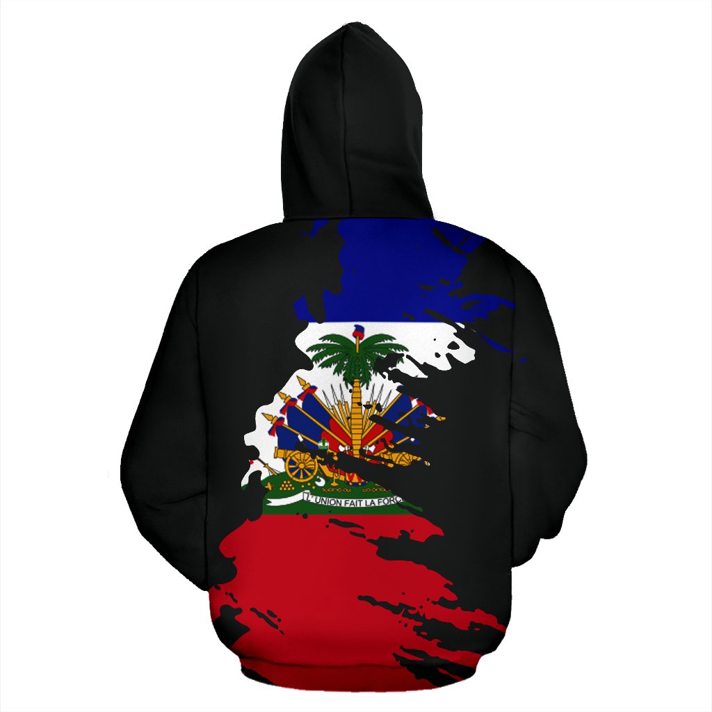Black hoodie back with Haiti flag graphic, red and blue map-style print