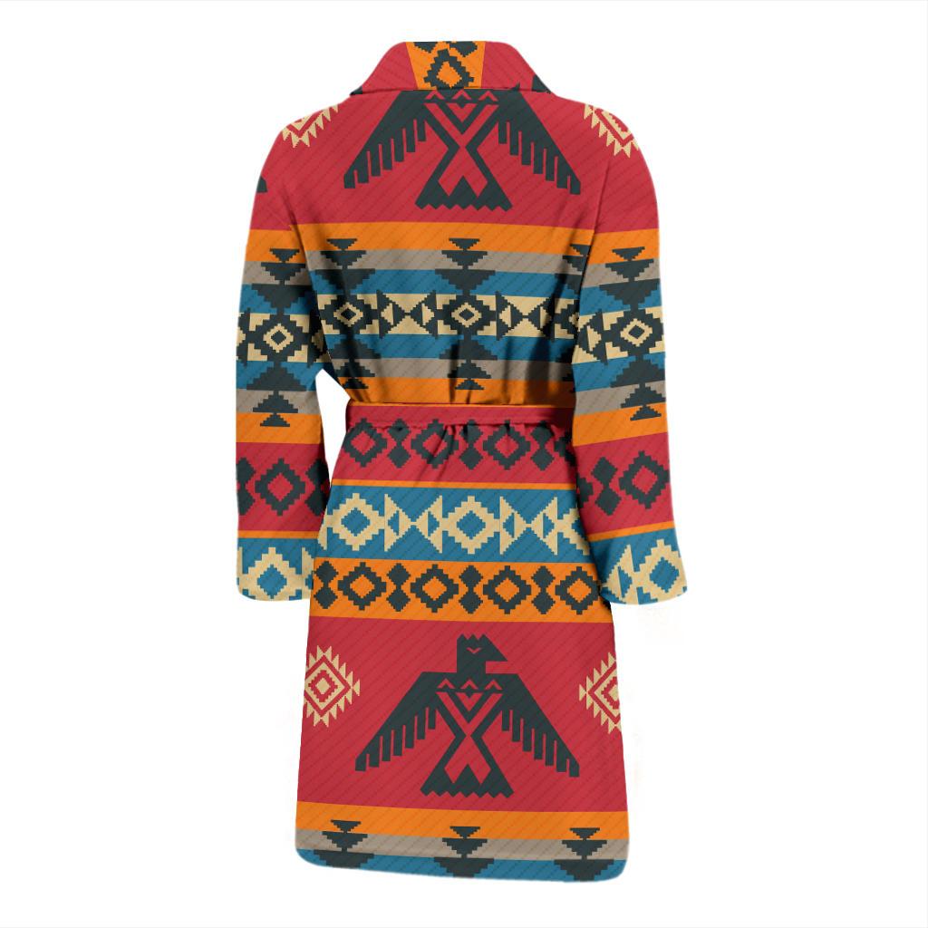 Colorful Native bath robe rear, shawl collar, long sleeves, patterned waist