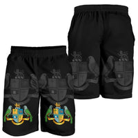 Two black Dominica shorts with elastic waistband and crest-bird print, front and back