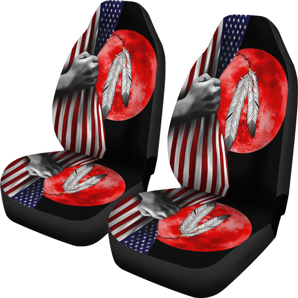 Two front seat covers: red circular feather with stars-and-stripes flag stripes