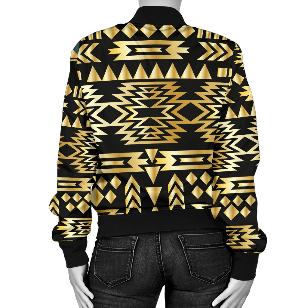 Bomber jacket back view, black with gold geometric print, ribbed hem and cuffs