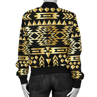 Bomber jacket back view, black with gold geometric print, ribbed hem and cuffs