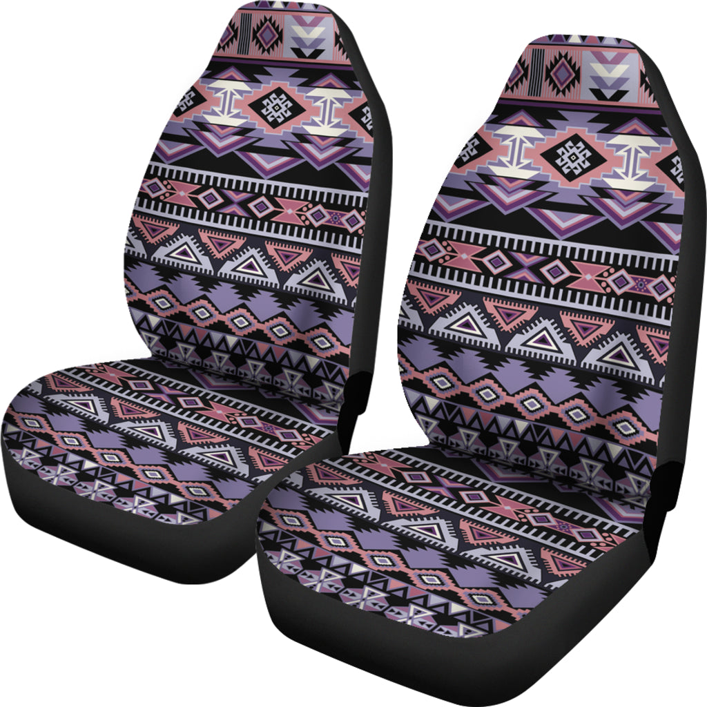 Pair of ethnic geometric seat covers, multicolor triangles and stripes on lilac background
