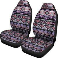 Pair of ethnic geometric seat covers, multicolor triangles and stripes on lilac background