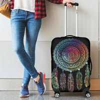 Black suitcase cover with multicolor dreamcatcher mandala and feather pattern, side