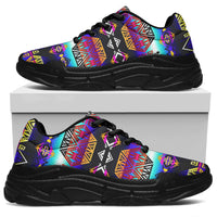 Native American patterned chunky sneakers on white box, black outsole and laces