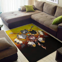 Corner view of multicolor area rug with four wolf warriors, circular Native motif, yellow black