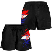 Black drawstring shorts with Croatia flag grunge print, elastic waistband