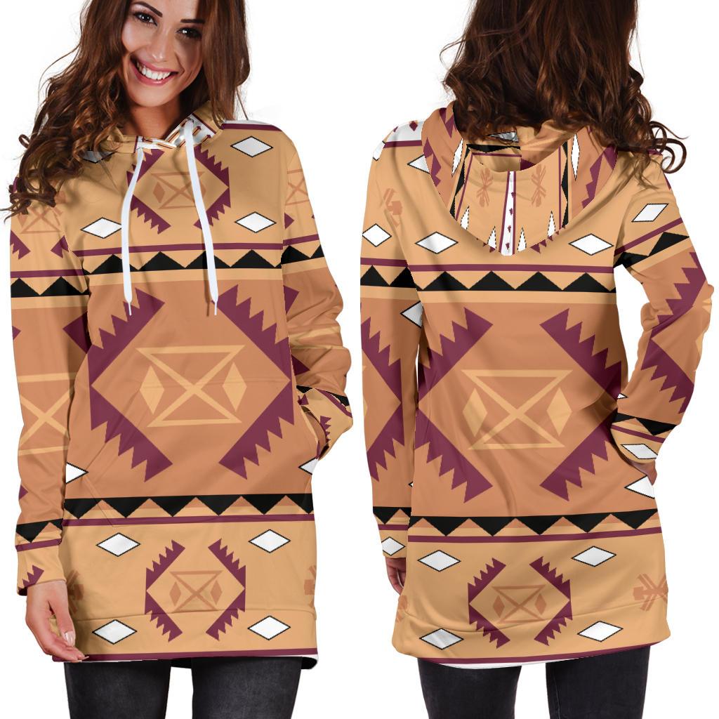 Tan hoodie dress with purple and cream geometric print, kangaroo pocket, hood with ties