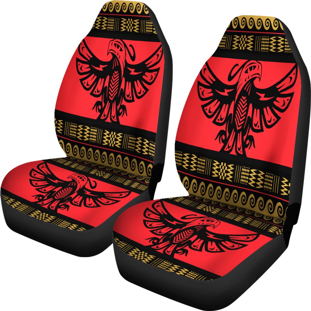 Front seat cover set: red eagle graphic with black background and gold geometric bands.