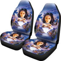 Set of 3 car seat covers: blue fantasy girl with animals print, black seat bottoms