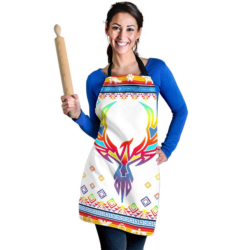 Multicolor phoenix print apron worn with black neck strap and waist ties