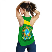 Back view of green Brazil racerback tank with yellow stripe and large Brazil emblem