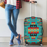Multicolor Native tribes pattern suitcase cover in teal, front view with zipper top
