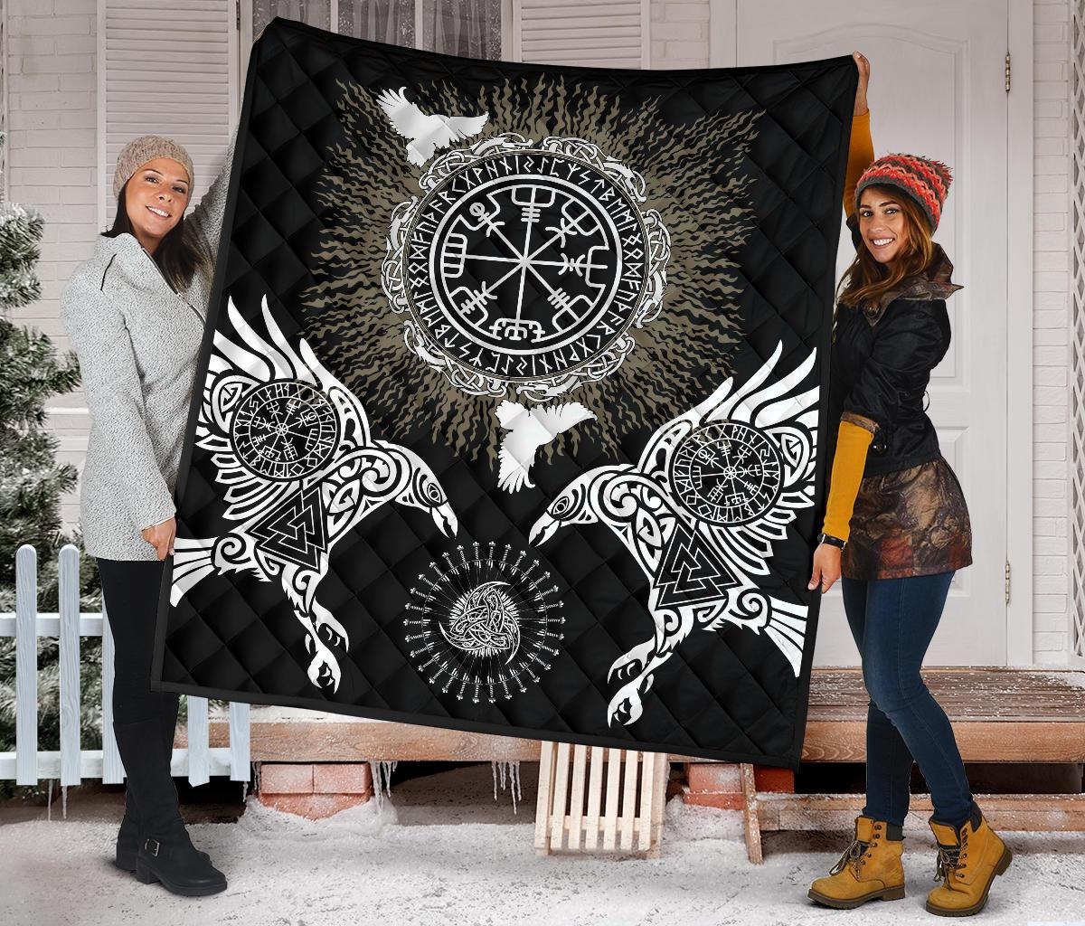 Black Viking quilt blanket with Valknut/Vegvisir round emblem, ravens, and wing designs