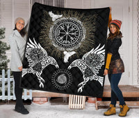 Black Viking quilt blanket with Valknut/Vegvisir round emblem, ravens, and wing designs