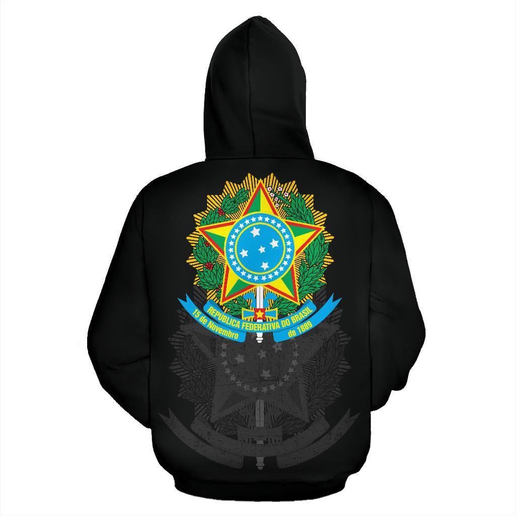 Brazil Zipper Hoodie black back view, large Brazil star emblem with leaf wreath graphic