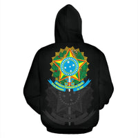 Brazil Zipper Hoodie black back view, large Brazil star emblem with leaf wreath graphic